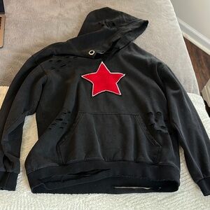 VINTAGE LF distressed Black Hoodie with Red Star Patch